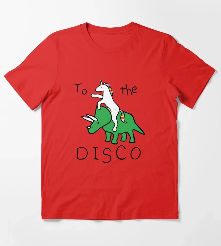 To The Disco Unicorn Riding Triceratops T-Shirt Red