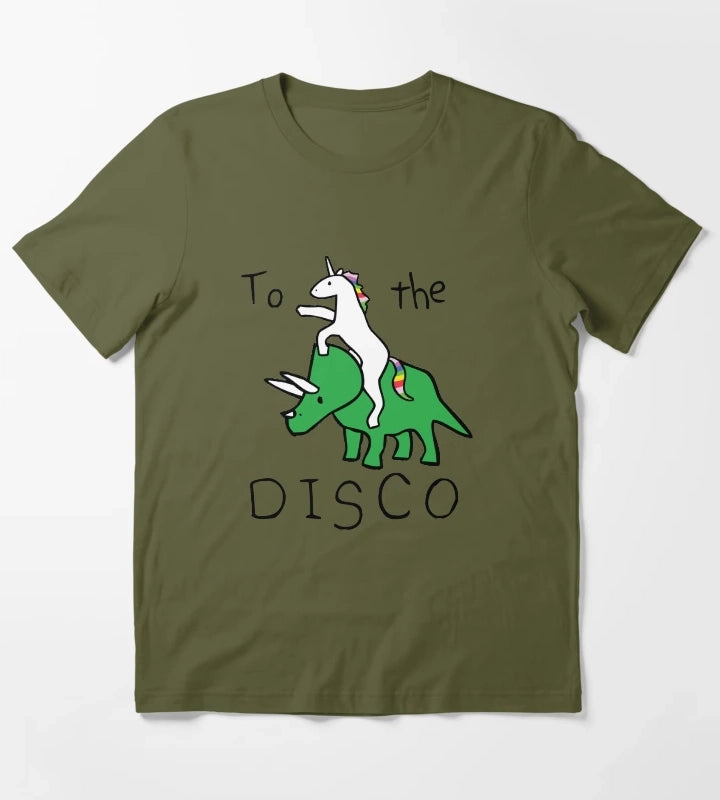 To The Disco Unicorn Riding Triceratops T-Shirt Olive Green