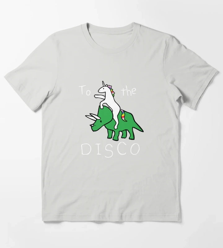 To The Disco white text Unicorn Riding Triceratops T-Shirt Light Grey