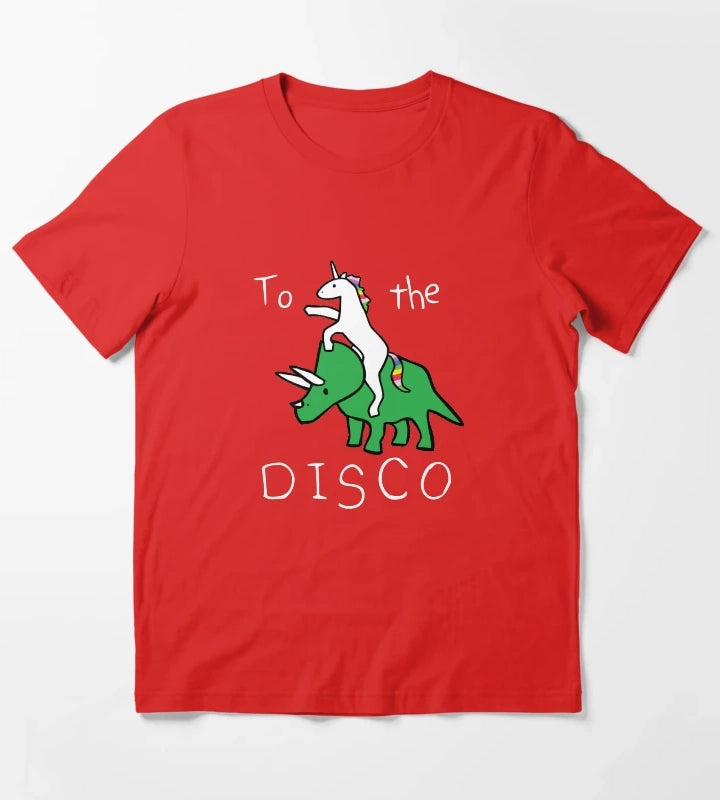 To The Disco white text Unicorn Riding Triceratops T-Shirt Red