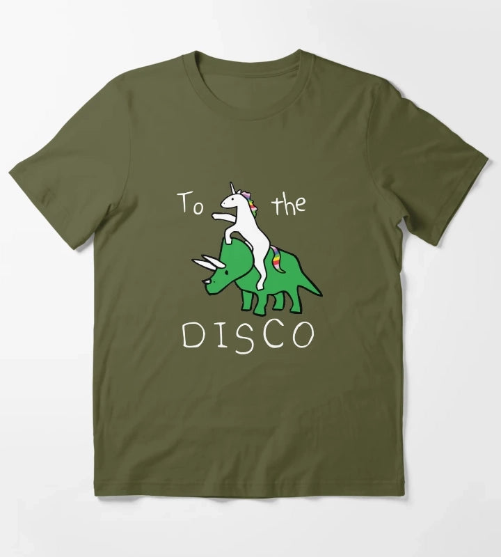 To The Disco white text Unicorn Riding Triceratops T-Shirt Olive Green