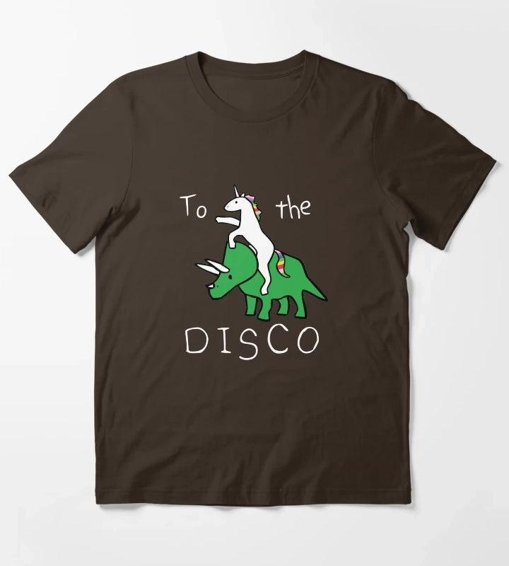 To The Disco white text Unicorn Riding Triceratops T-Shirt Brown