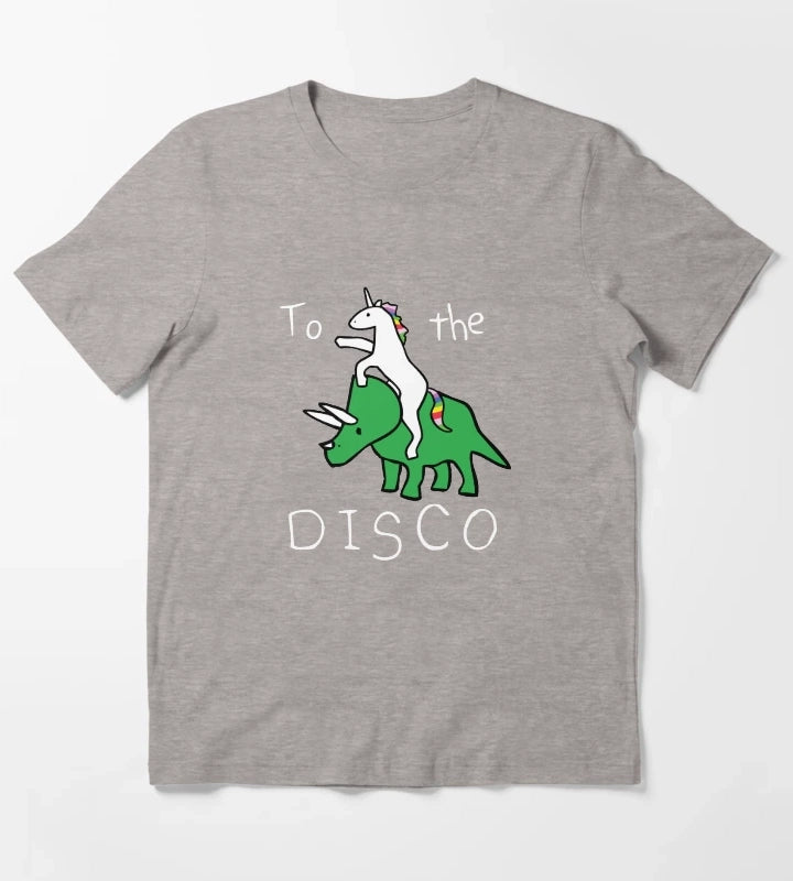 To The Disco white text Unicorn Riding Triceratops T-Shirt Heather Grey