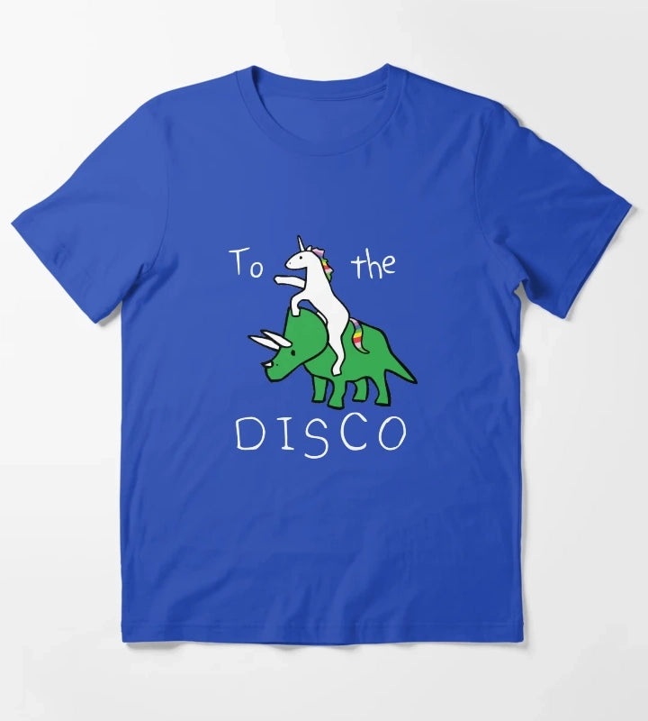 To The Disco white text Unicorn Riding Triceratops T-Shirt Blue