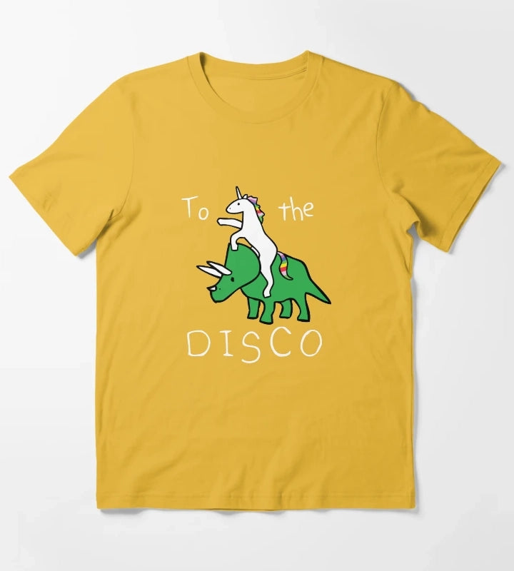 To The Disco white text Unicorn Riding Triceratops T-Shirt Yellow