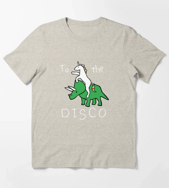 To The Disco white text Unicorn Riding Triceratops T-Shirt Cream