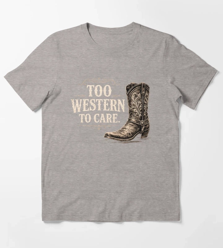 Too Western To Care Vintage Cowboy Boot Graphic for Dark Apparel T-Shirt Heather Grey