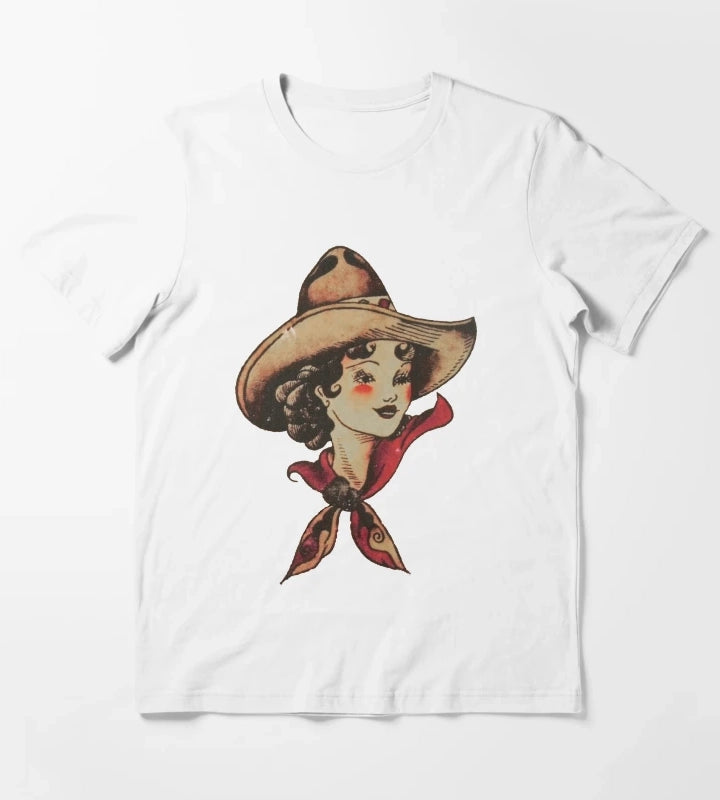 Traditional Pretty Cowgirl and Mandala Tattoo T-Shirt White