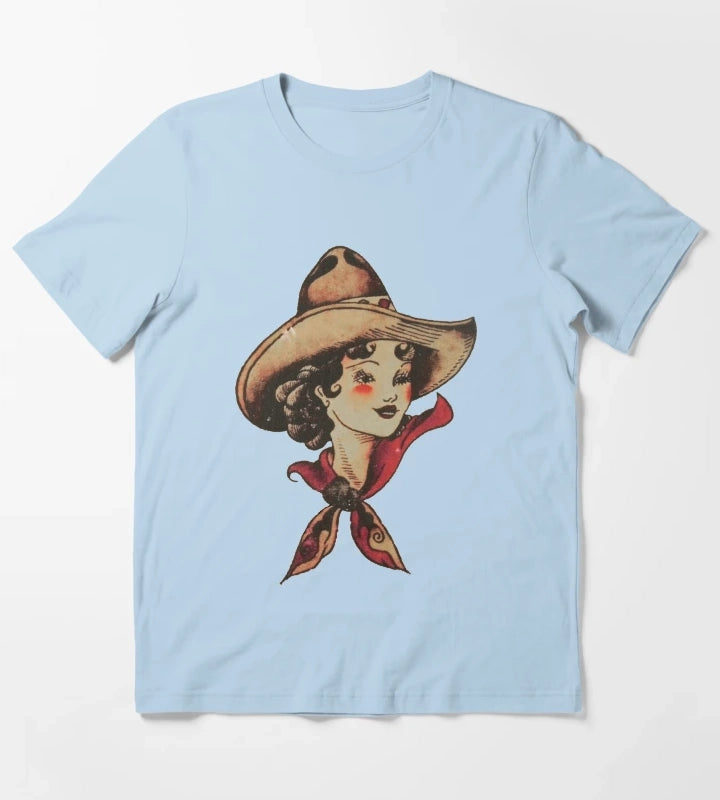 Traditional Pretty Cowgirl and Mandala Tattoo T-Shirt Sky Blue