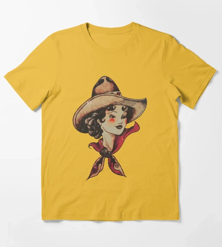 Traditional Pretty Cowgirl and Mandala Tattoo T-Shirt Yellow