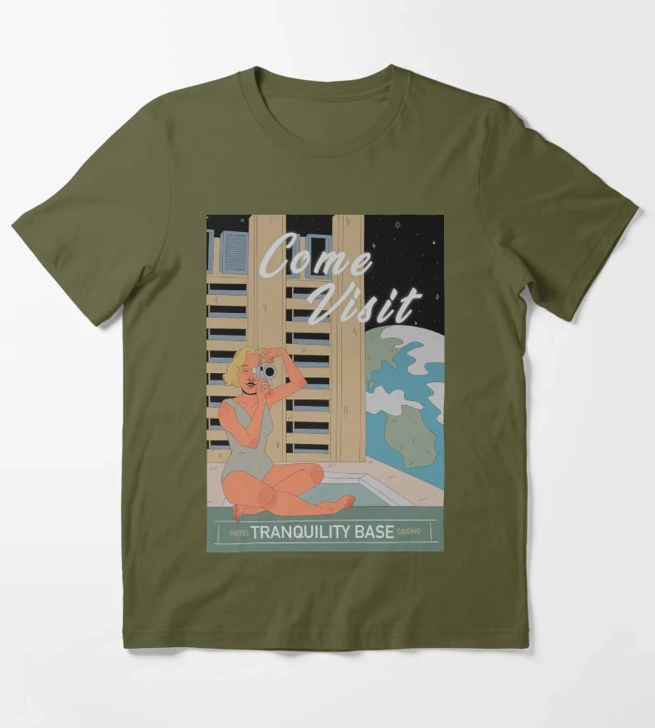 Tranquility base hotel and casino vintage poster T-Shirt Olive Green