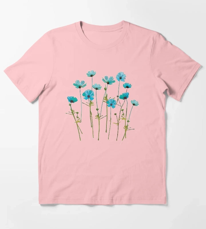 Turquoise Cosmos Flowers Watercolor T-Shirt Dark Grey