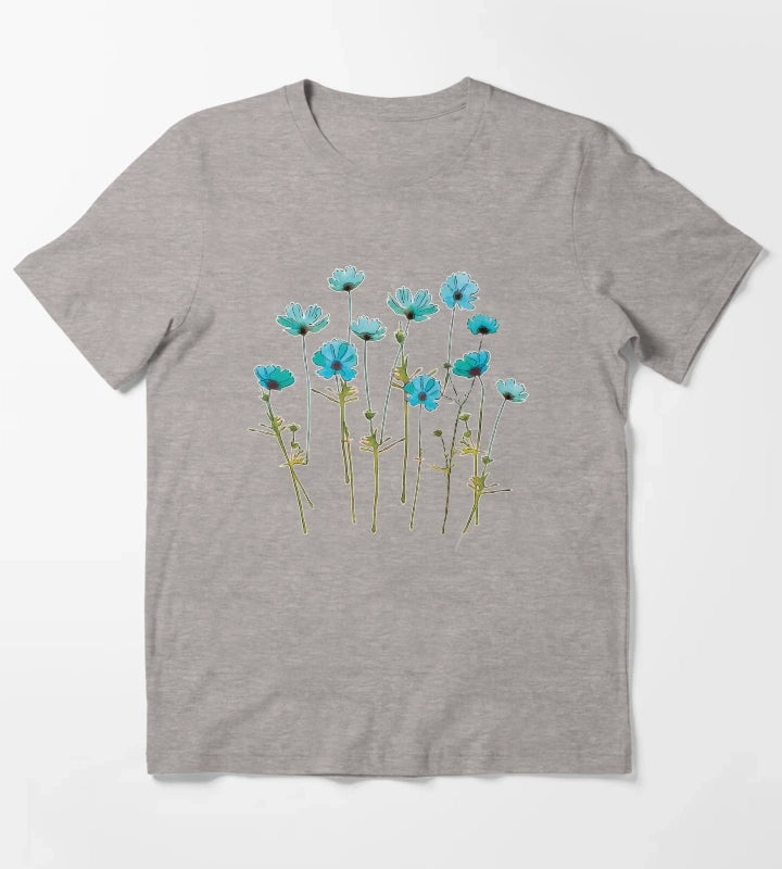 Turquoise Cosmos Flowers Watercolor T-Shirt Heather Grey