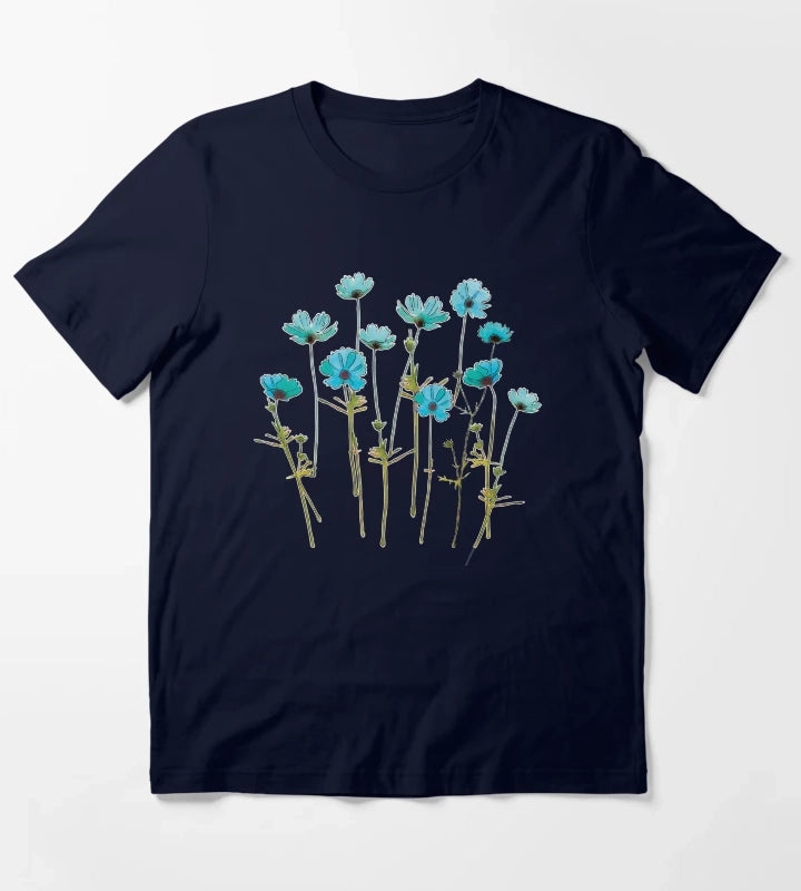 Turquoise Cosmos Flowers Watercolor T-Shirt Navy