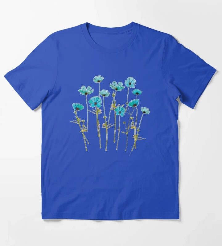Turquoise Cosmos Flowers Watercolor T-Shirt Blue