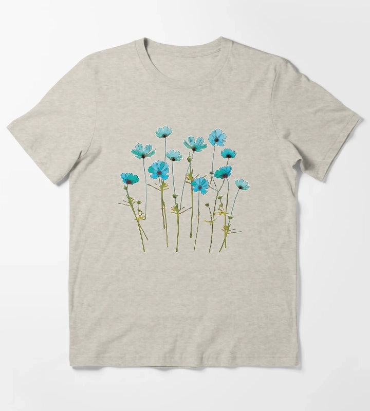 Turquoise Cosmos Flowers Watercolor T-Shirt Cream