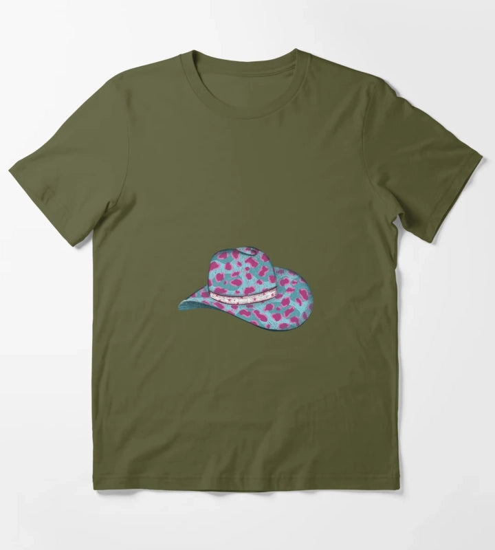 Turquoise Leopard Cowgirl Hat T-Shirt Olive Green