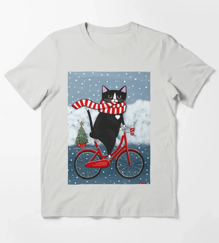 Tuxedo Cat Winter Bicycle Ride T-Shirt Light Grey