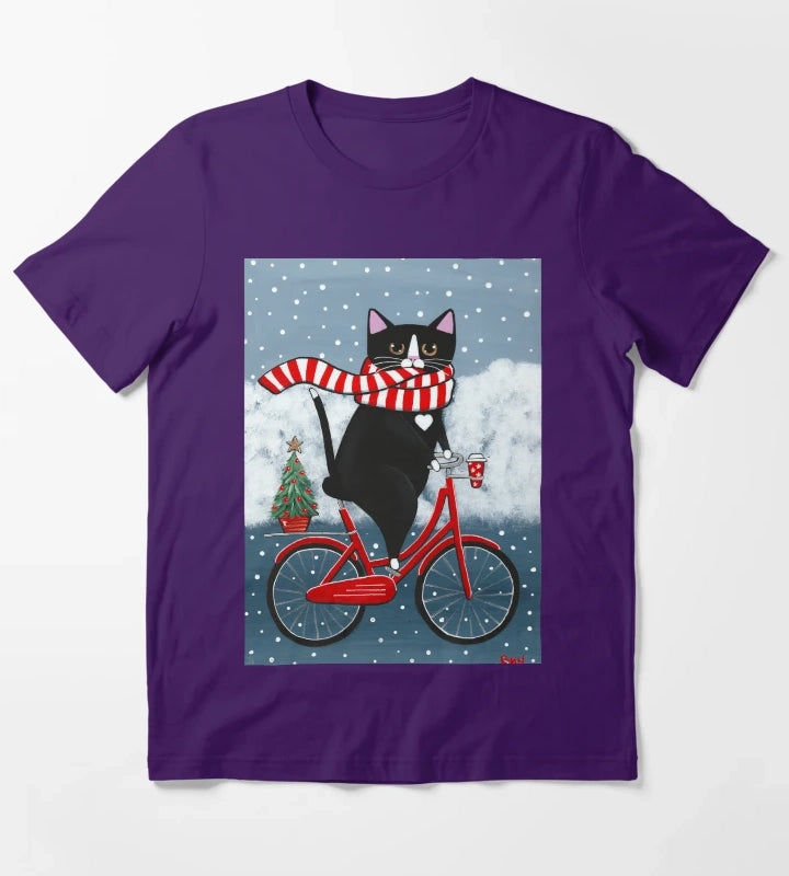 Tuxedo Cat Winter Bicycle Ride T-Shirt Purple