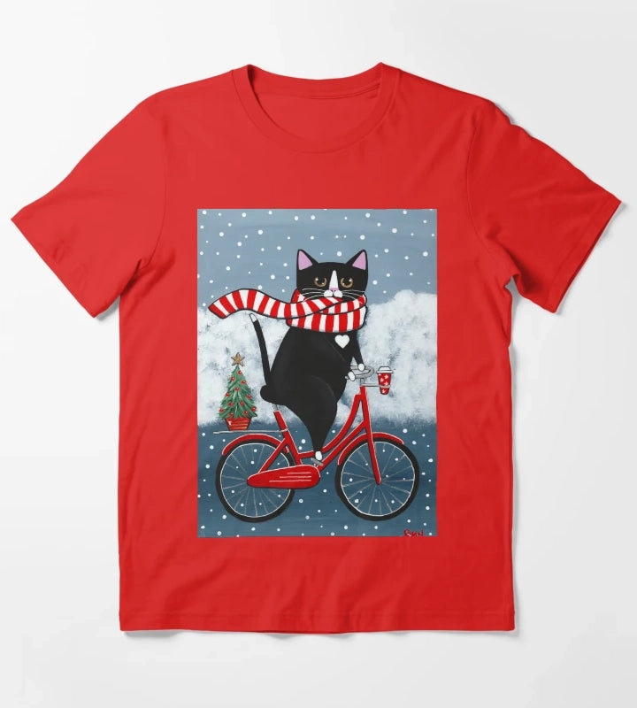 Tuxedo Cat Winter Bicycle Ride T-Shirt Red
