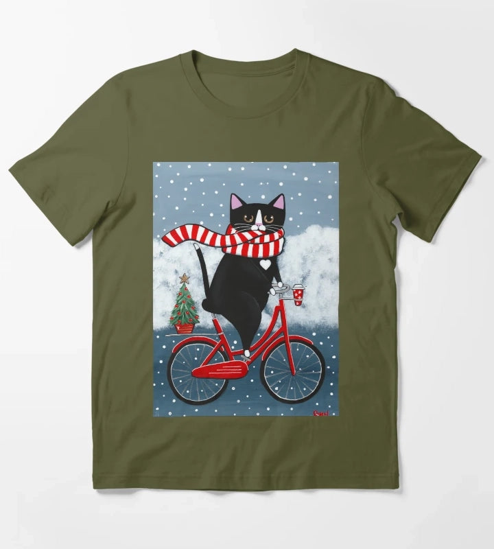 Tuxedo Cat Winter Bicycle Ride T-Shirt Olive Green