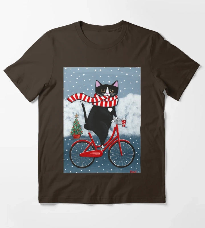 Tuxedo Cat Winter Bicycle Ride T-Shirt Brown