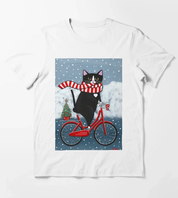 Tuxedo Cat Winter Bicycle Ride T-Shirt White