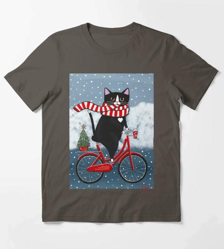 Tuxedo Cat Winter Bicycle Ride T-Shirt Dark Grey
