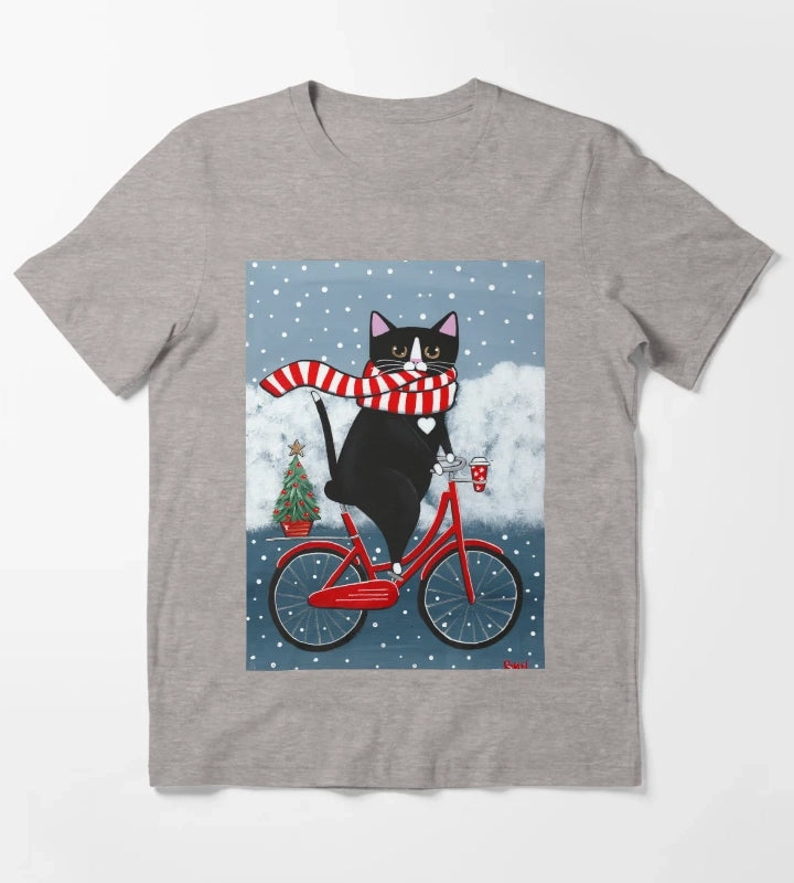 Tuxedo Cat Winter Bicycle Ride T-Shirt Heather Grey