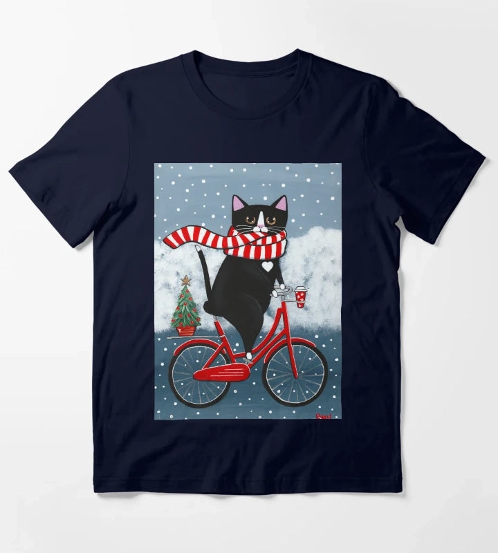 Tuxedo Cat Winter Bicycle Ride T-Shirt Navy