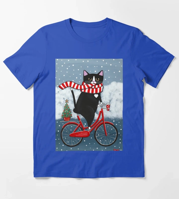 Tuxedo Cat Winter Bicycle Ride T-Shirt Blue
