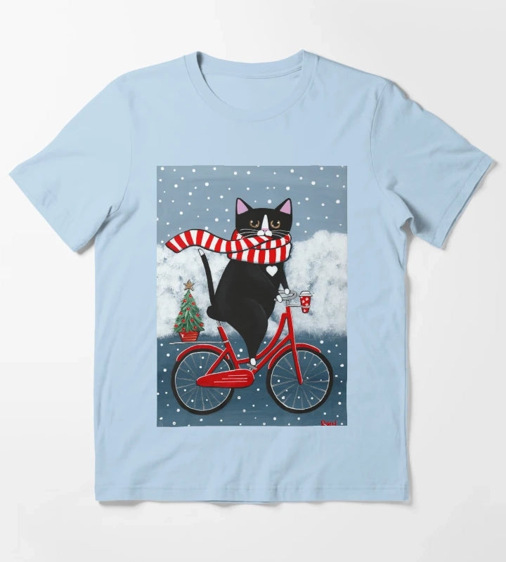 Tuxedo Cat Winter Bicycle Ride T-Shirt Sky Blue