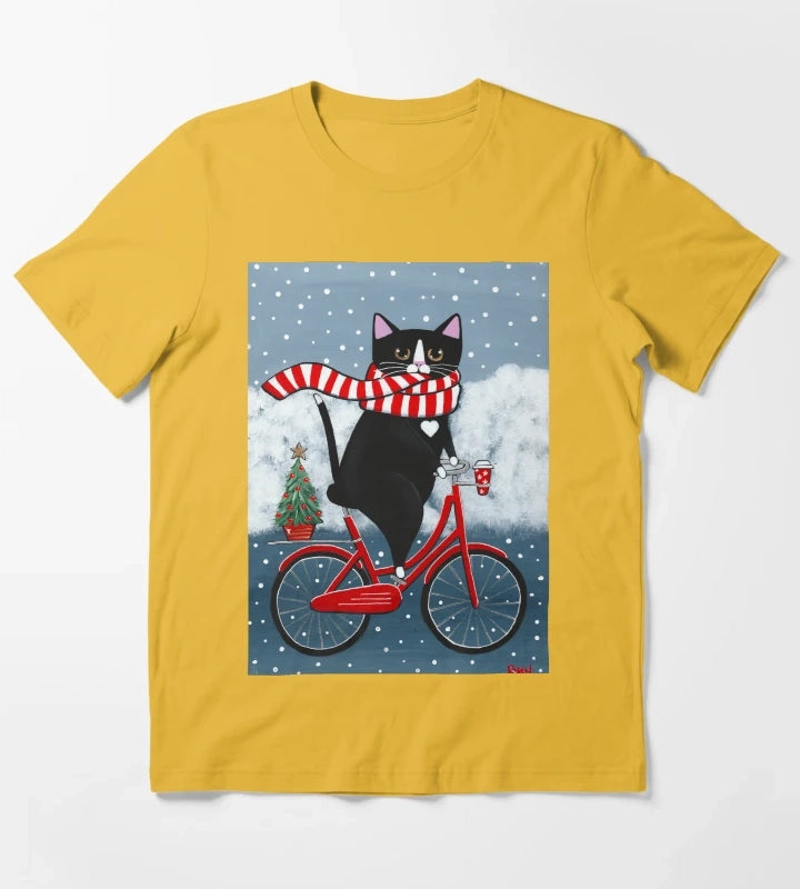 Tuxedo Cat Winter Bicycle Ride T-Shirt Yellow