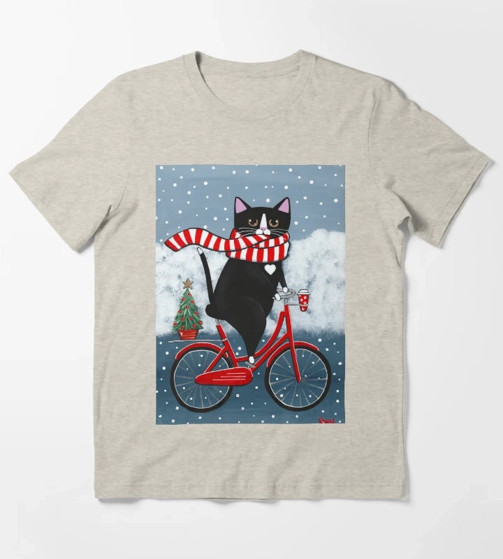 Tuxedo Cat Winter Bicycle Ride T-Shirt Cream