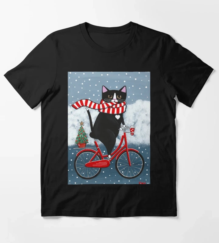 Tuxedo Cat Winter Bicycle Ride T-Shirt
