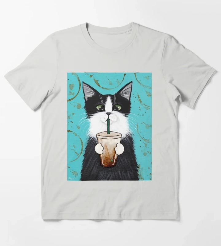 Tuxedo Cat with Iced Coffee T-Shirt Light Grey