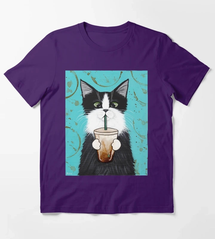 Tuxedo Cat with Iced Coffee T-Shirt Purple