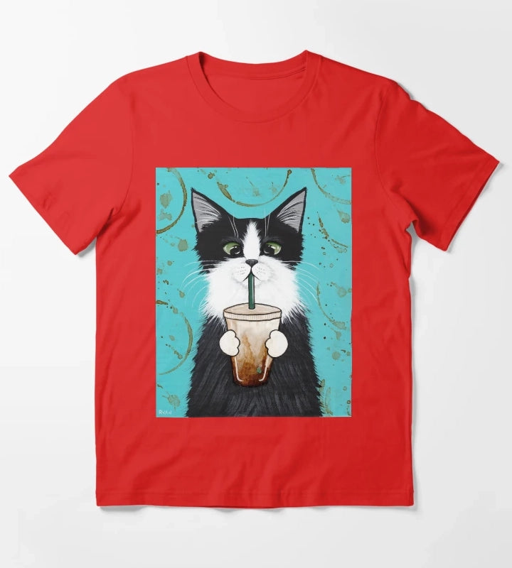 Tuxedo Cat with Iced Coffee T-Shirt Red