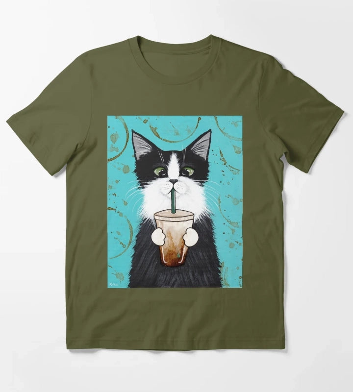 Tuxedo Cat with Iced Coffee T-Shirt Olive Green