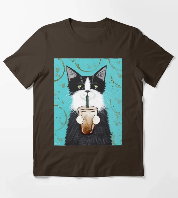 Tuxedo Cat with Iced Coffee T-Shirt Brown
