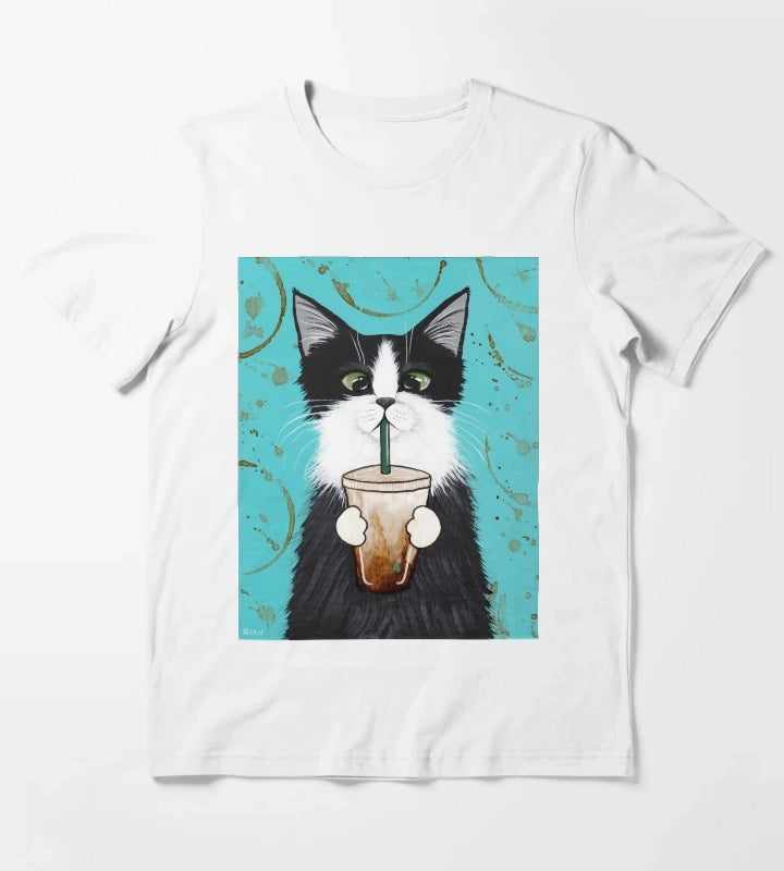 Tuxedo Cat with Iced Coffee T-Shirt White