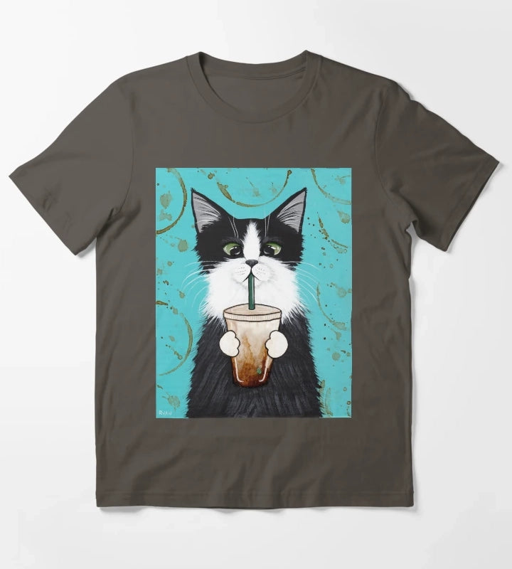 Tuxedo Cat with Iced Coffee T-Shirt Dark Grey