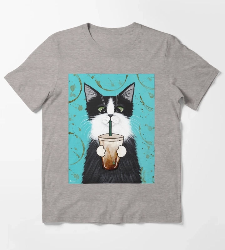 Tuxedo Cat with Iced Coffee T-Shirt Heather Grey
