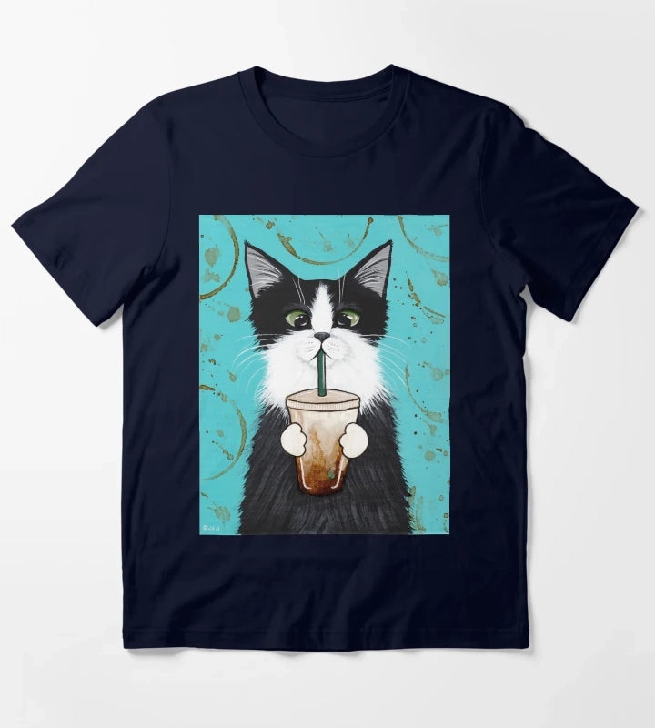 Tuxedo Cat with Iced Coffee T-Shirt Navy