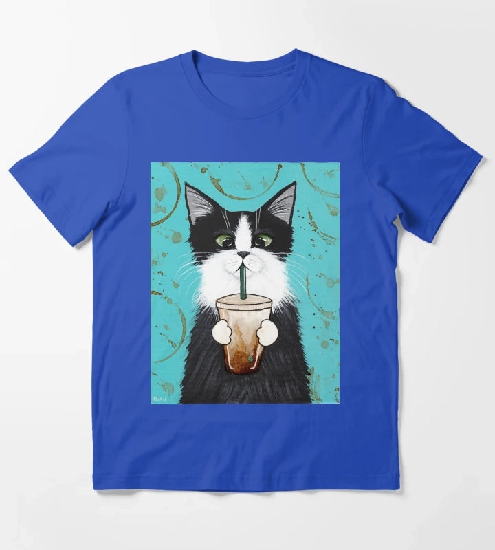 Tuxedo Cat with Iced Coffee T-Shirt Blue