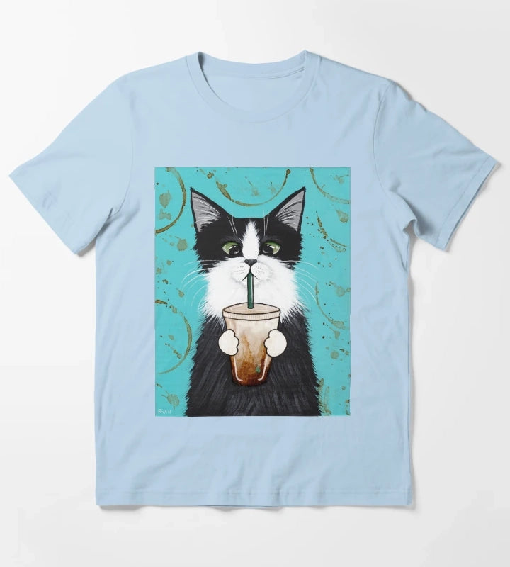 Tuxedo Cat with Iced Coffee T-Shirt Sky Blue