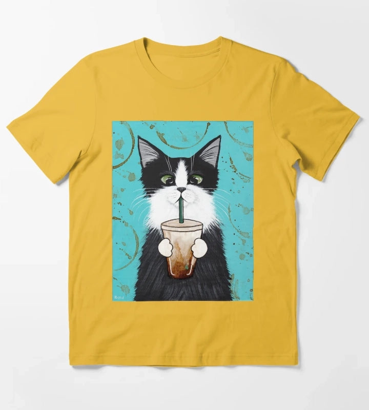 Tuxedo Cat with Iced Coffee T-Shirt Yellow