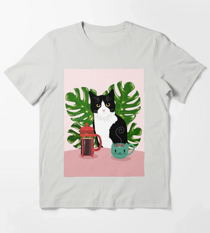 Tuxie Cat and Coffee T-Shirt Light Grey