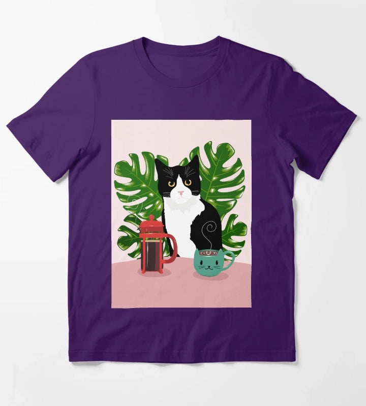Tuxie Cat and Coffee T-Shirt Purple