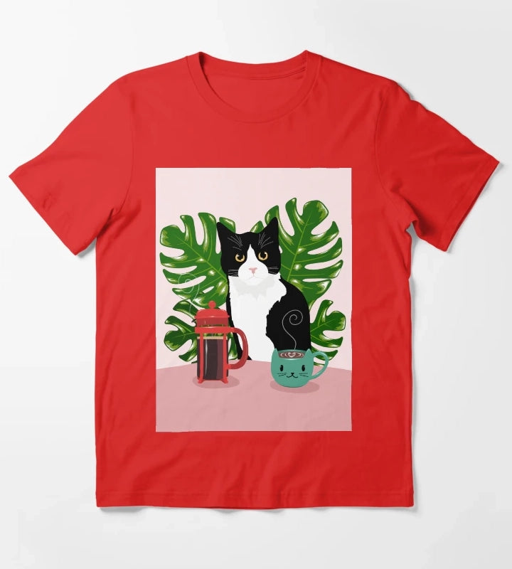 Tuxie Cat and Coffee T-Shirt Red